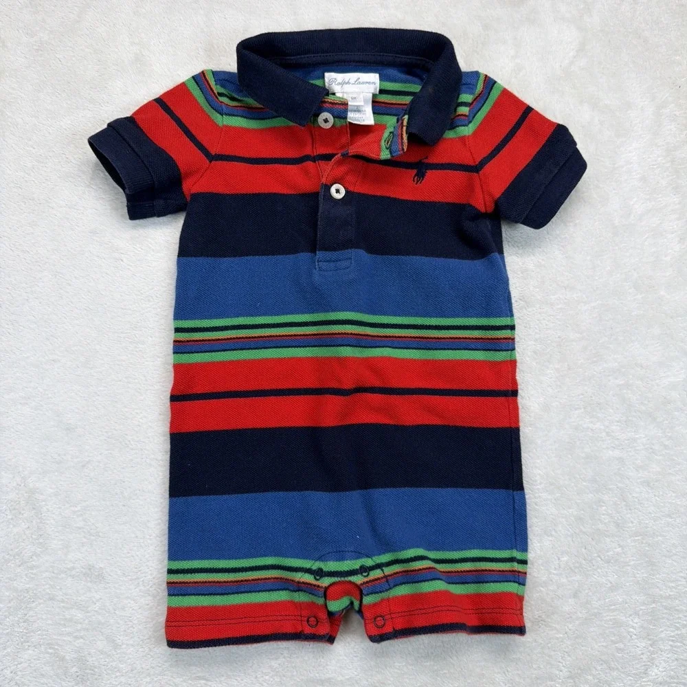 Ralph Lauren Baby Boys 6M Striped Polo Romper Shortall Pony Preppy